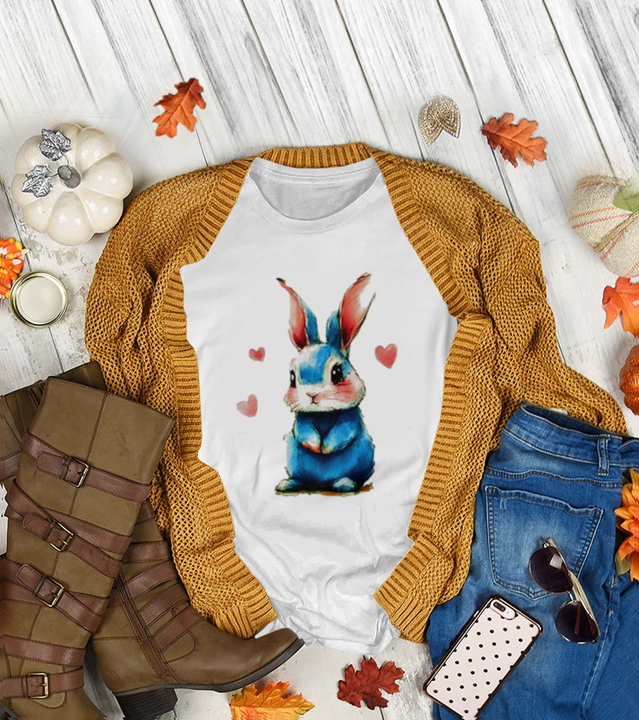 Everybody Knows That I’m Out of Place Cute Blue Bunny with Hearts T-Shirt