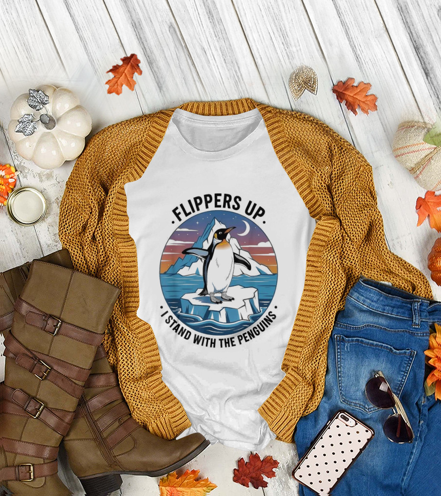 Flippers Up I Stand with the Penguins Iceberg Sunset Scene T-Shirt