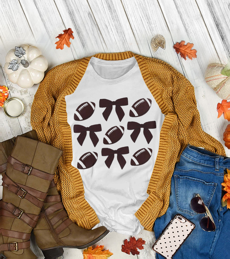 Footballs and Bows Pattern Sports Fashion T-Shirt