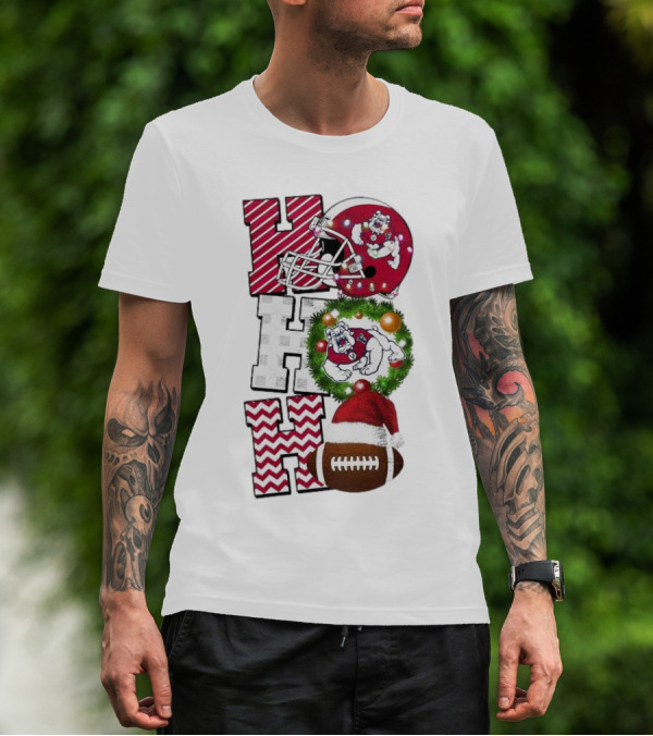 Fresno State Bulldogs Football Christmas Helmet Wreath Santa Hat Rugby T-Shirt