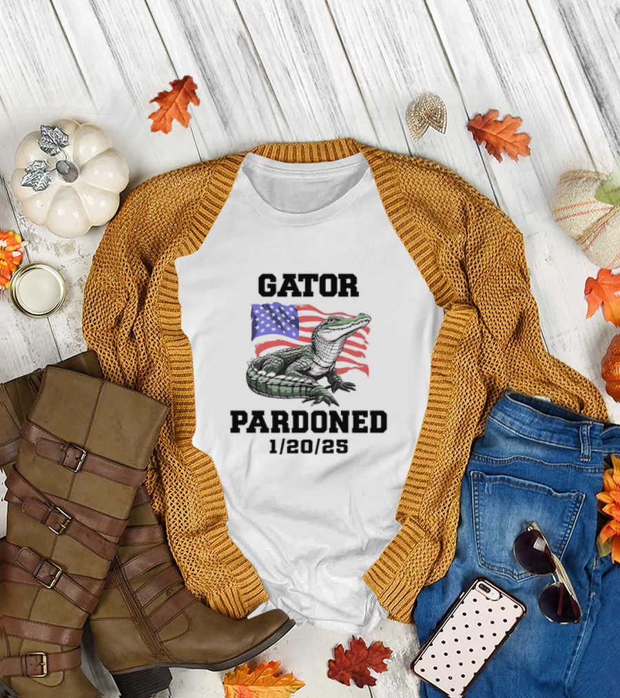 Gator Pardoned 1 20 25 USA Flag American Alligator T-Shirt