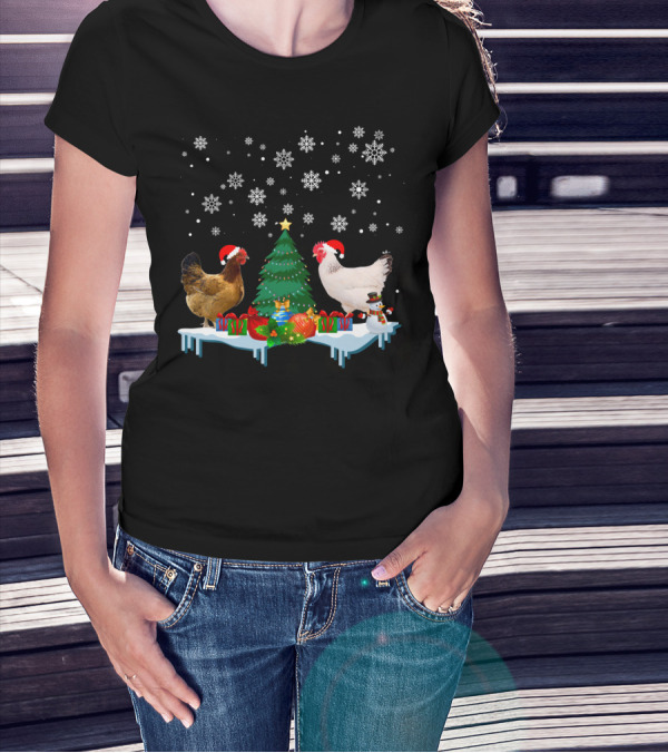 Chicken Merry Christmas Snowflake Festive Scene T-Shirt