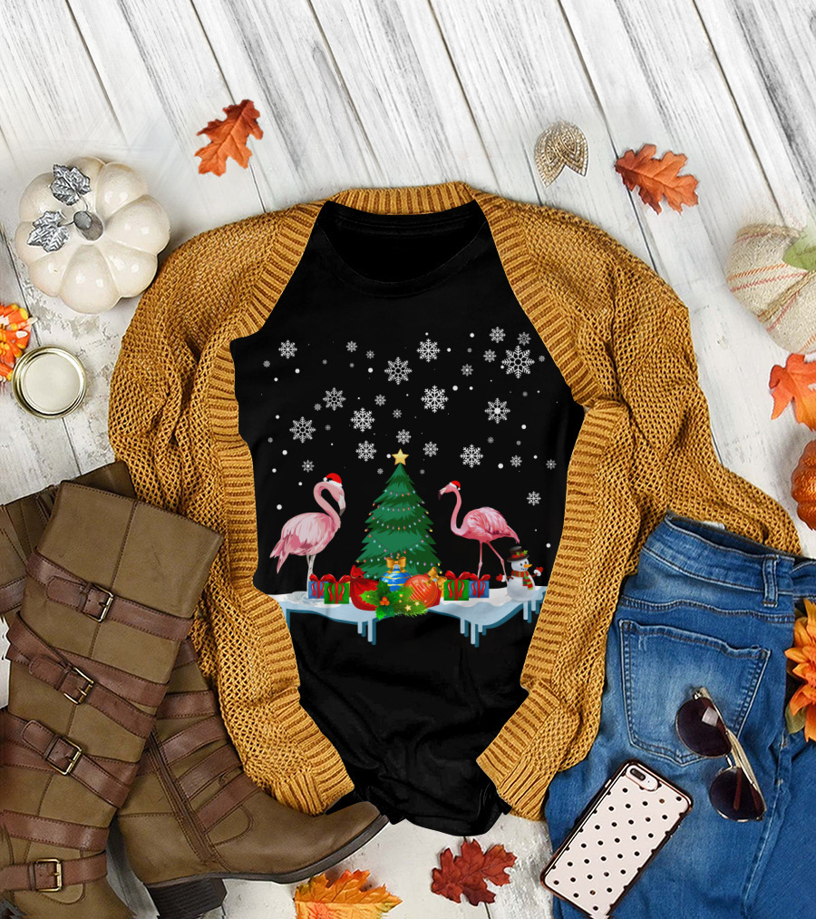 Flamingo Merry Snowflakes Christmas Tree and Santa Hat T-Shirt
