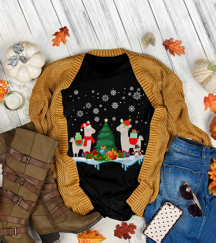 Llamas Merry Christmas Snowflakes Presents Tree T-Shirt