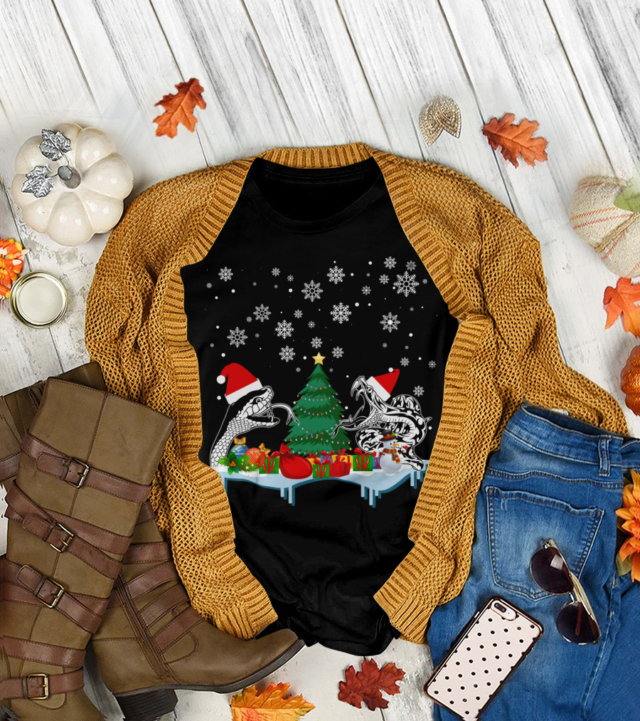 Snake Merry Christmas Snowflakes Santa Hats Holiday Scene T-Shirt