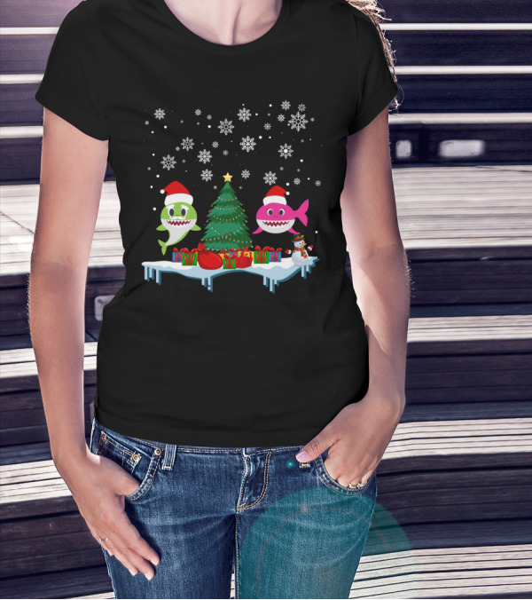 Baby Shark Merry Christmas Tree Snowflakes Santa Hats Gifts T-Shirt