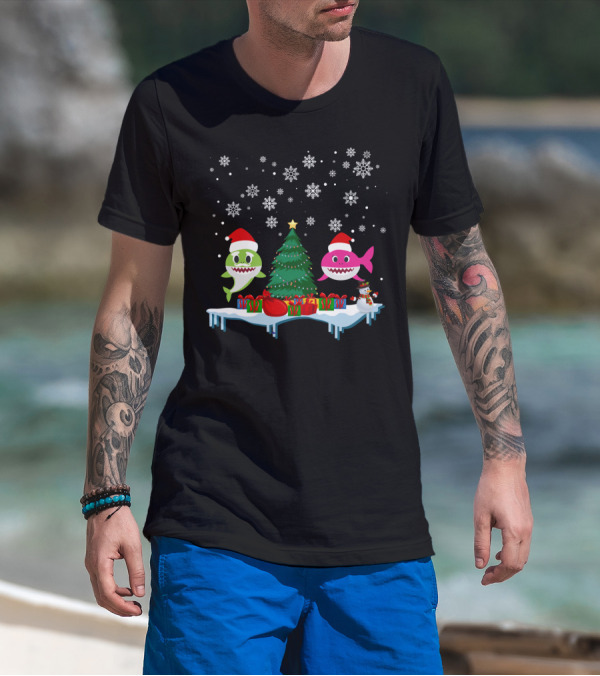 Baby Shark Merry Christmas Tree Snowflakes Santa Hats Gifts T-Shirt