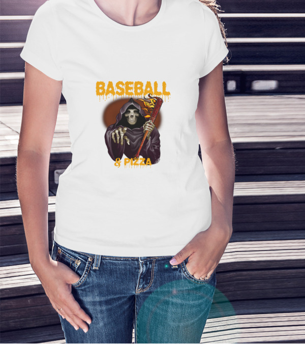 Grim Reaper With Flaming Baseball Bat Celebrates Baseball And Pizza T-Shirt