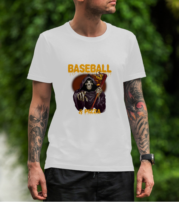 Grim Reaper With Flaming Baseball Bat Celebrates Baseball And Pizza T-Shirt
