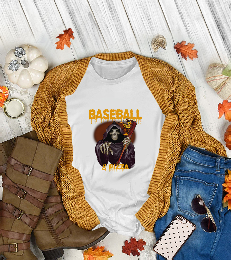 Grim Reaper with Flaming Baseball Bat Celebrates Baseball and Pizza T-Shirt