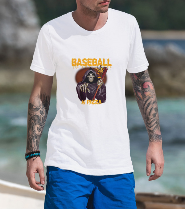 Grim Reaper With Flaming Baseball Bat Celebrates Baseball And Pizza T-Shirt