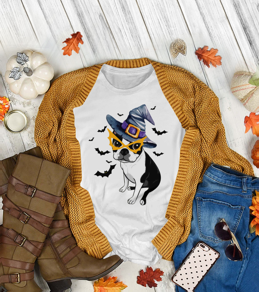 Boston Terrier Wears Witch Hat and Mask with Bats T-Shirt