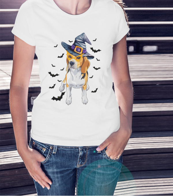 Beagle Wears Halloween Witch Hat Surrounded By Flying Bats T-Shirt
