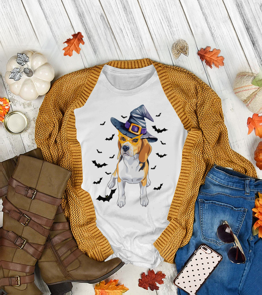 Beagle Wears Halloween Witch Hat Surrounded by Flying Bats T-Shirt