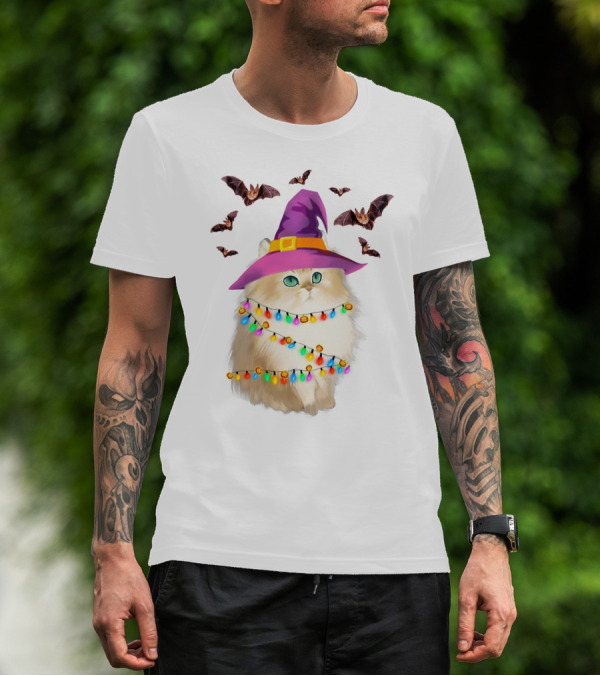Fluffy Cat In Witch Hat With Halloween Bats And Colorful Christmas Lights T-Shirt