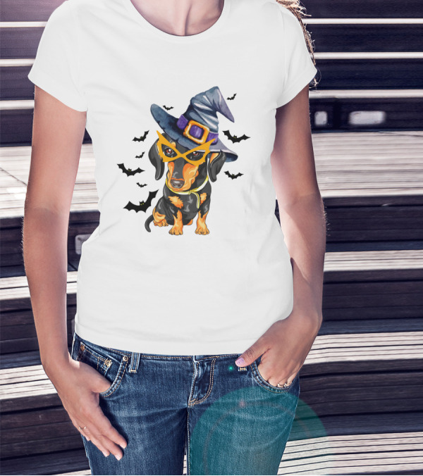 Dachshund Wears Witch Hat And Glasses Surrounded By Bats T-Shirt