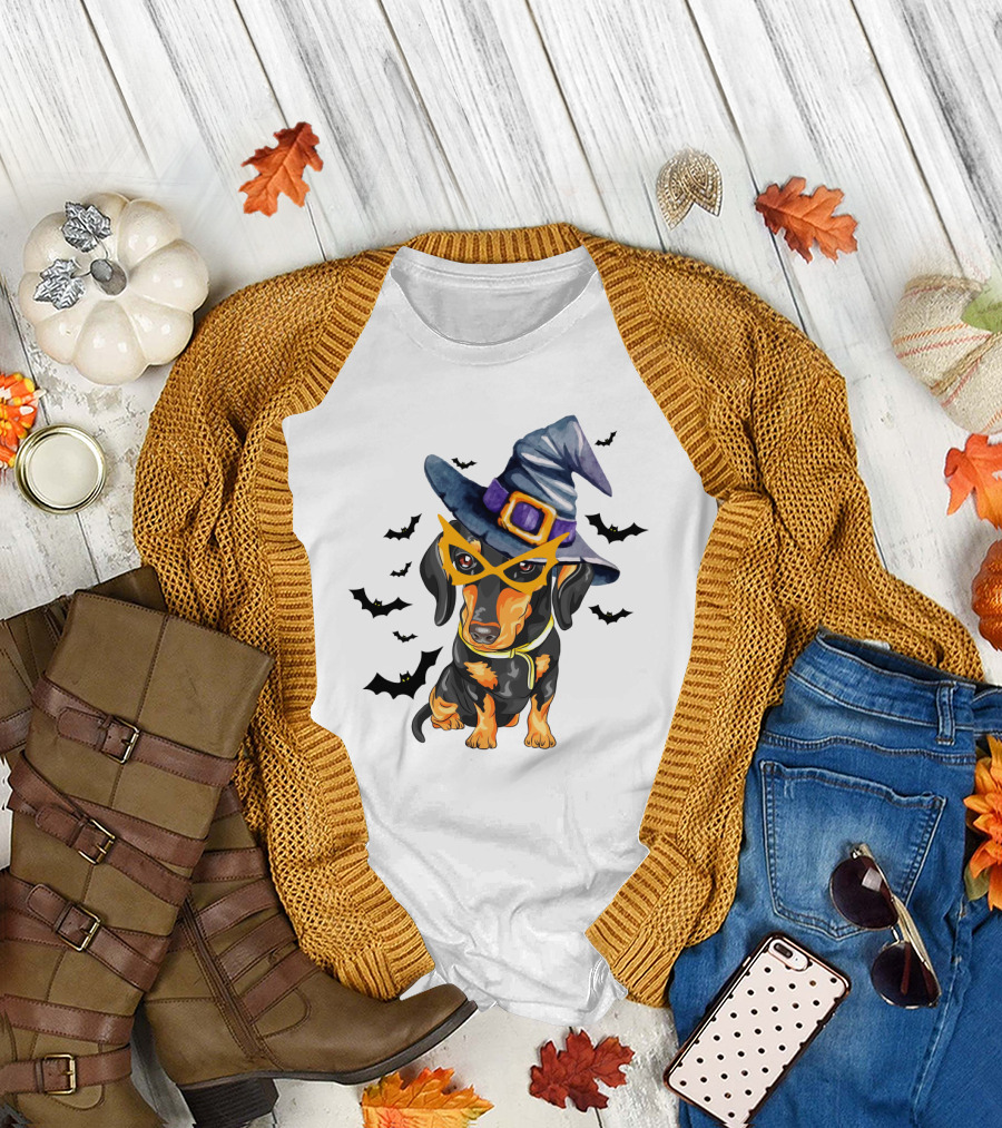 Dachshund Wears Witch Hat and Glasses Surrounded by Bats T-Shirt