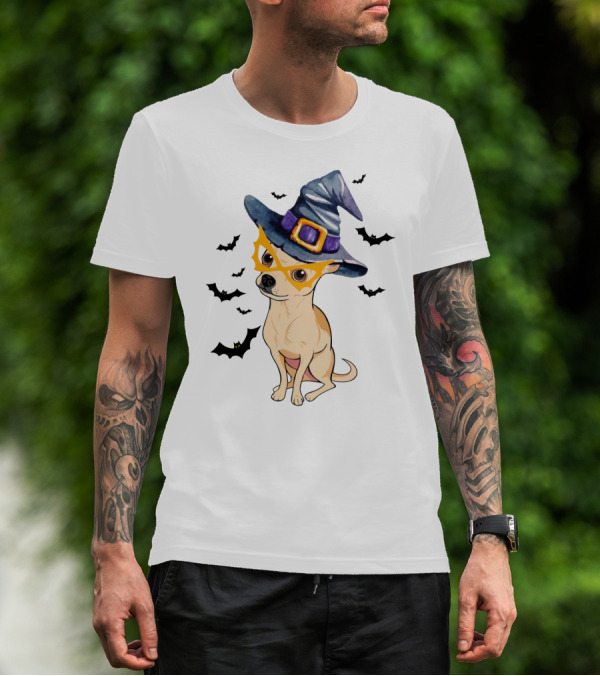 Chihuahua In Witch Hat With Halloween Bats T-Shirt