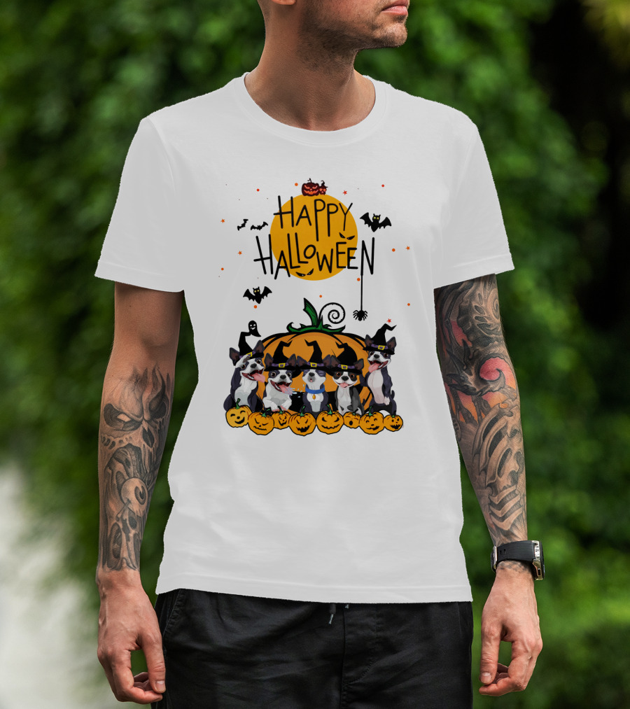 Happy Halloween Boston Terrier Pumpkin Bat T-Shirt