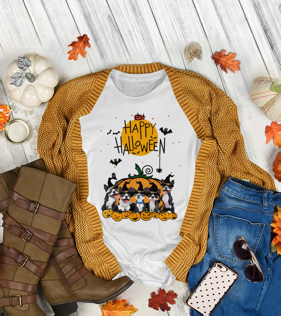 Happy Halloween Boston Terrier Pumpkin Bat T-Shirt