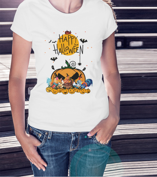Happy Halloween Chickens With Spooky Pumpkin And Bats T-Shirt