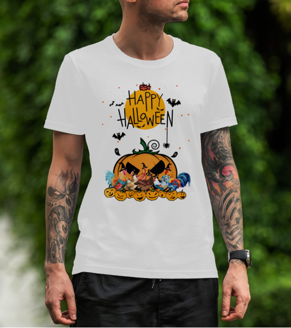 Happy Halloween Chickens With Spooky Pumpkin And Bats T-Shirt
