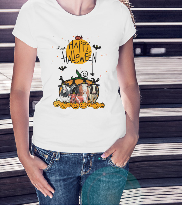 Happy Halloween Cows With Pumpkin Hats And Bats T-Shirt