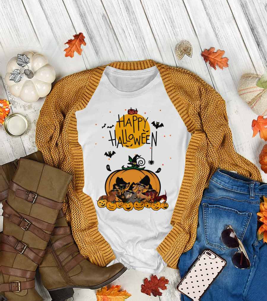 Happy Halloween Dachshunds with Witch Hats and Pumpkins T-Shirt