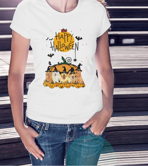 Happy Halloween Golden Retrievers In Witch Hats With Pumpkins T-Shirt