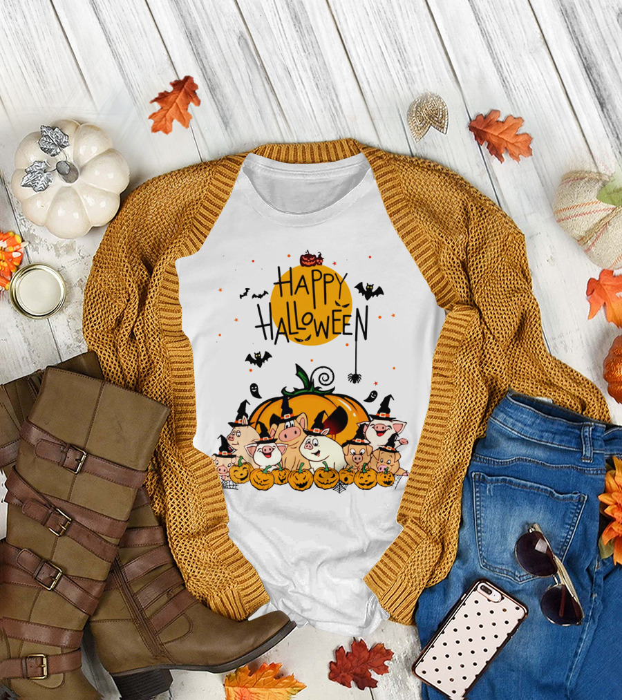 Happy Halloween Pig Pals With Pumpkins and Bats T-Shirt