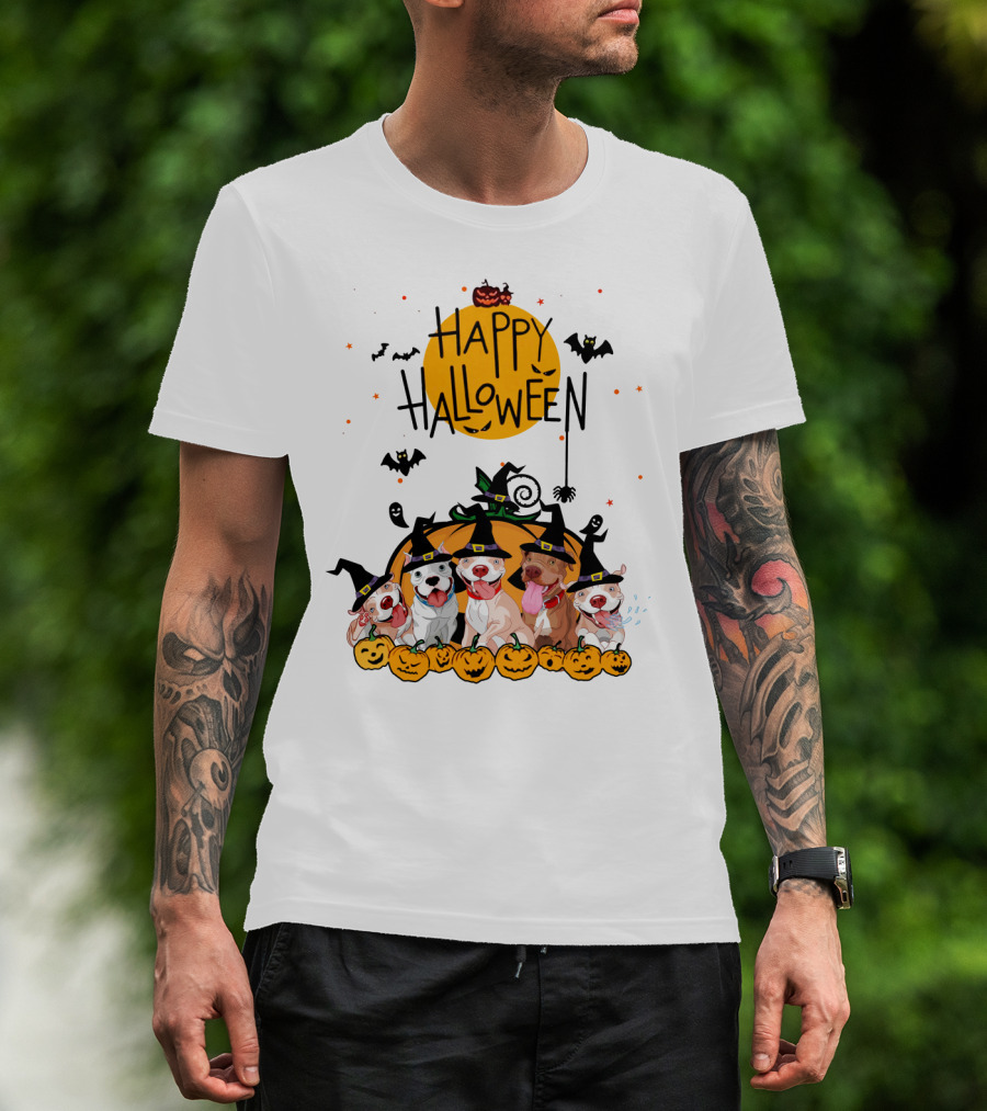 Happy Halloween Pitbulls Witch Hats Pumpkins Bats Ghosts Moon Spooky Dog T-Shirt