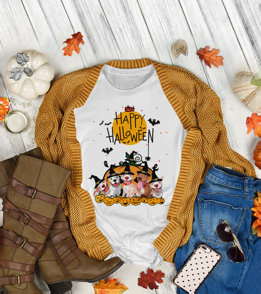 Happy Halloween Pitbulls Witch Hats Pumpkins Bats Ghosts Moon Spooky Dog T-Shirt