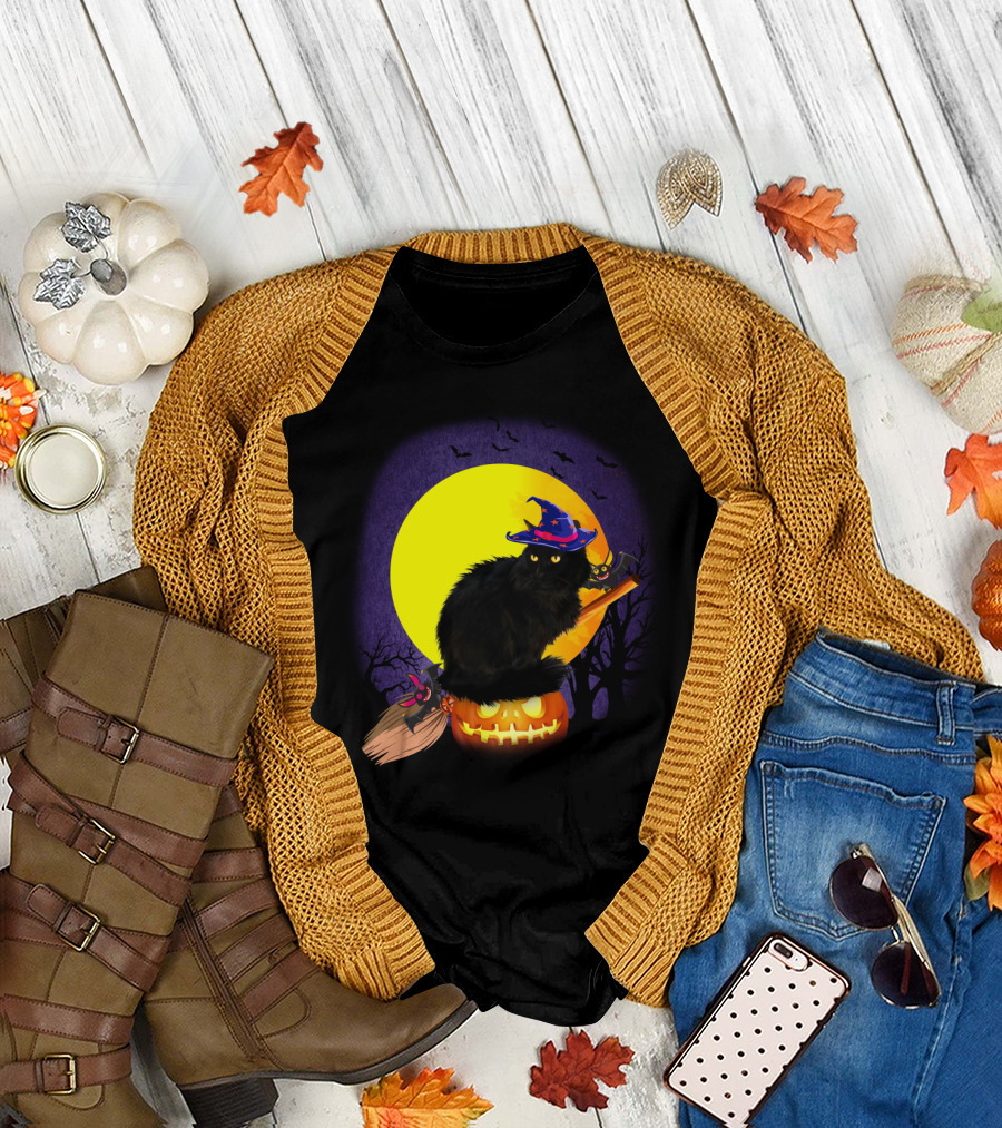 Halloween Cat with Witch Hat on Pumpkin and Broomstick T-Shirt