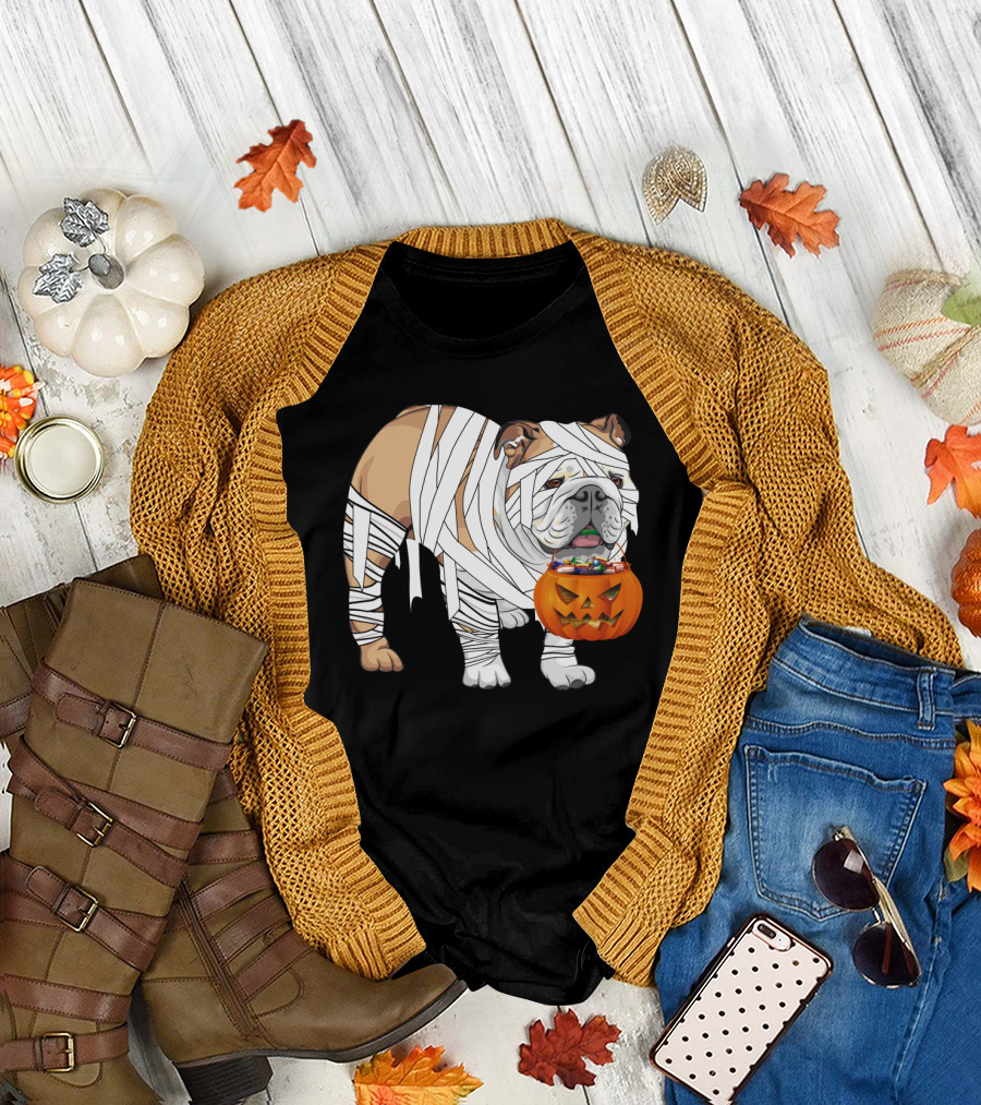 Halloween Bulldog Wrapped as Mummy Holding Pumpkin Candy Bucket T-Shirt