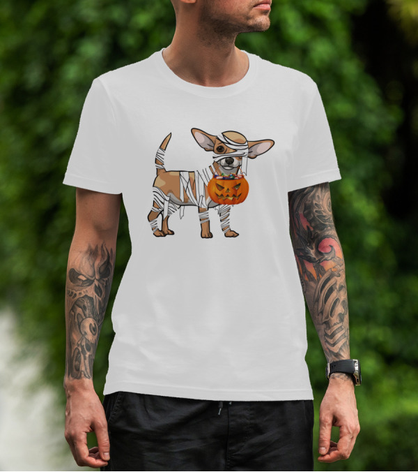 Halloween Wrapped Chihuahua With Pumpkin Bucket T-Shirt