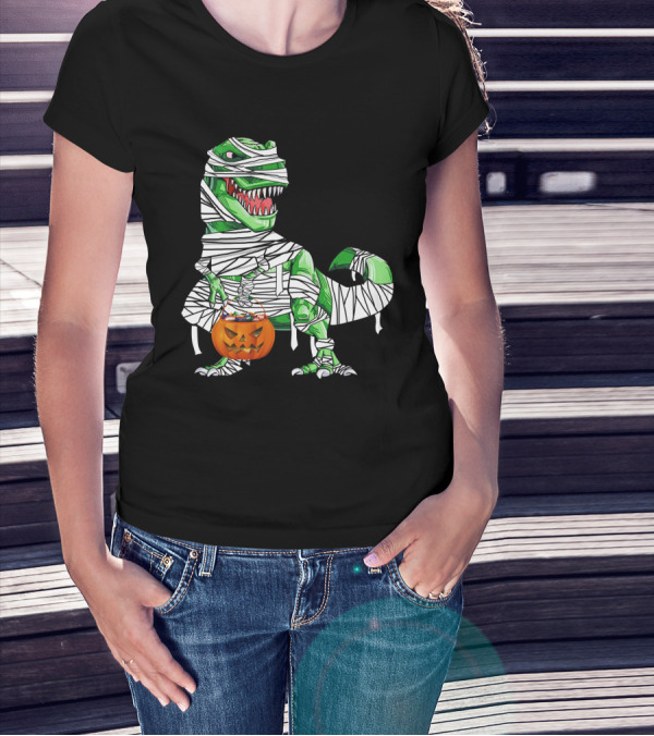 Halloween Pumpkin Mummy Dinosaur With Candy Bucket T-Shirt
