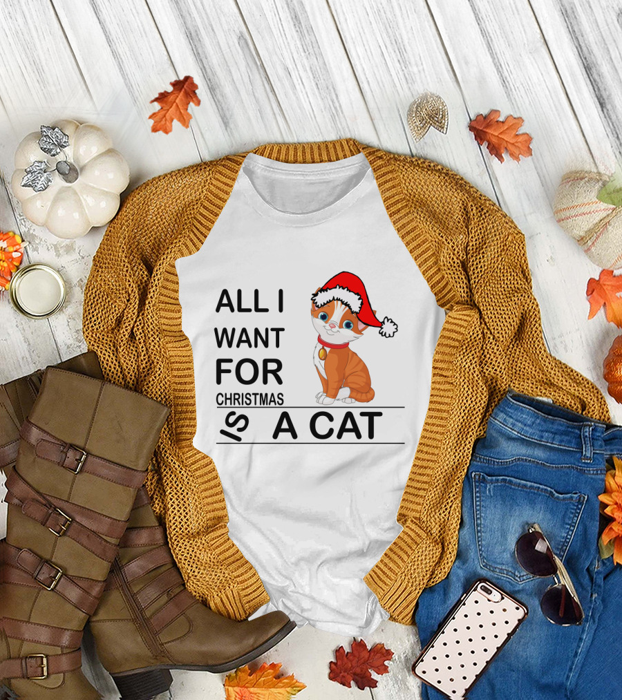 All I Want for Christmas Is a Cat Wearing Santa Hat T-Shirt