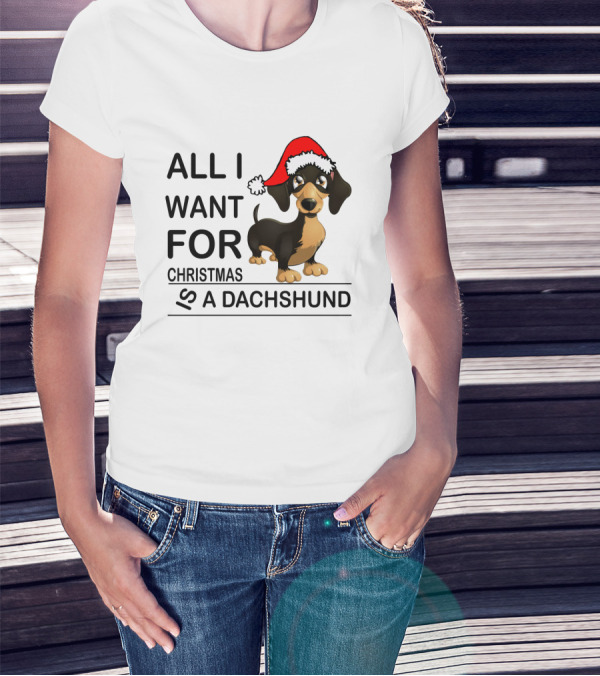 All I Want For Christmas Is A Dachshund Wearing Santa Hat T-Shirt