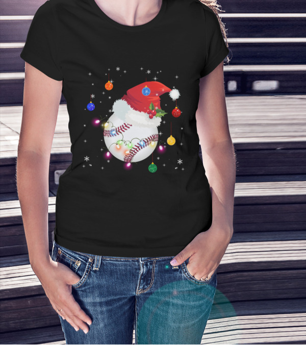 Santa Hat Baseball Christmas Ornaments Holiday Lights Snowflakes T-Shirt