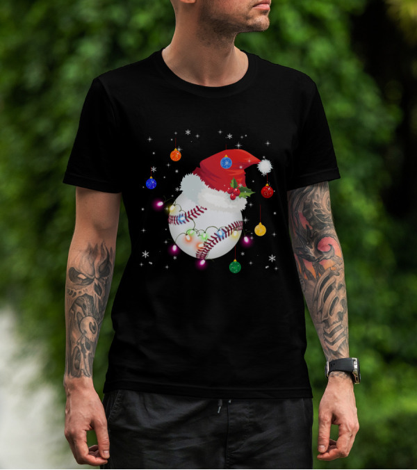 Santa Hat Baseball Christmas Ornaments Holiday Lights Snowflakes T-Shirt