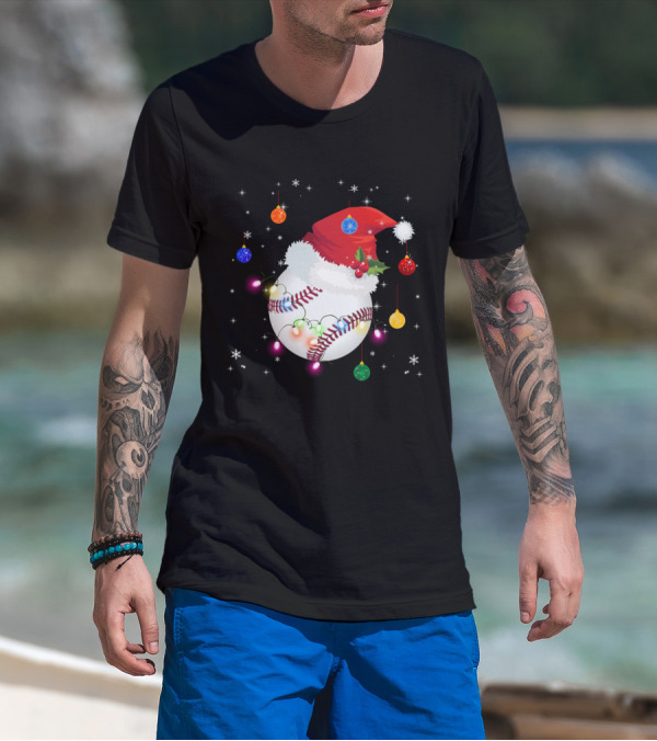 Santa Hat Baseball Christmas Ornaments Holiday Lights Snowflakes T-Shirt