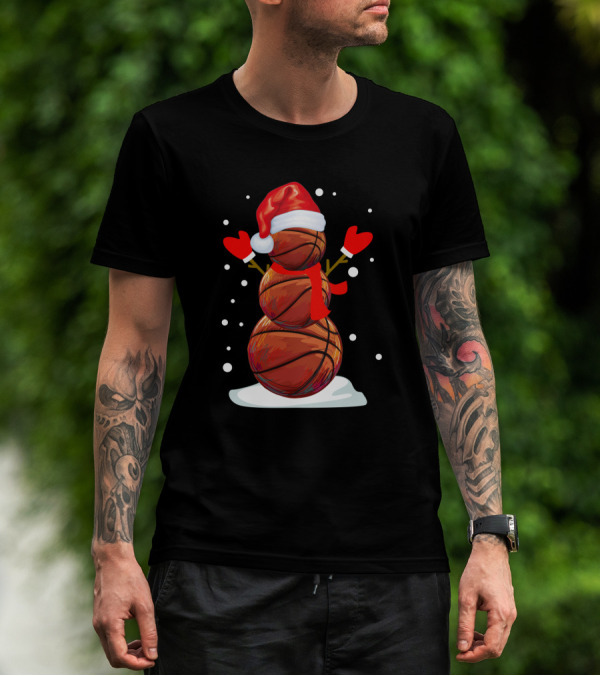 Basketball Snowman With Santa Hat And Red Mittens T-Shirt