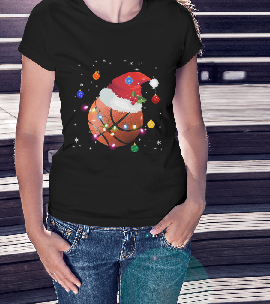 Santa Hat Basketball With Christmas Lights And Ornaments T-Shirt