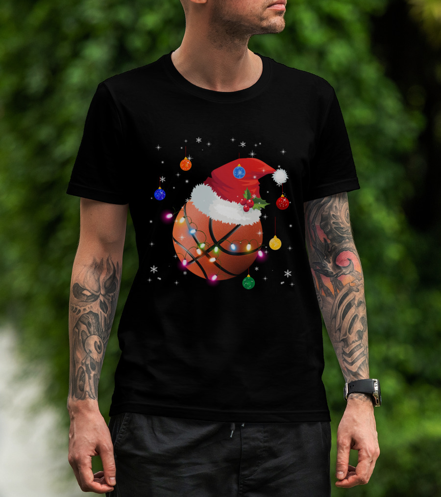 Santa Hat Basketball With Christmas Lights And Ornaments T-Shirt