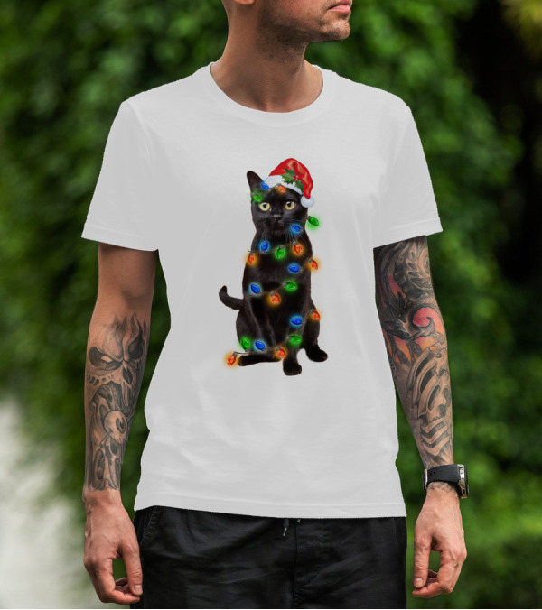 Santa Hat Black Cat Wrapped In Colorful Christmas Lights T-Shirt