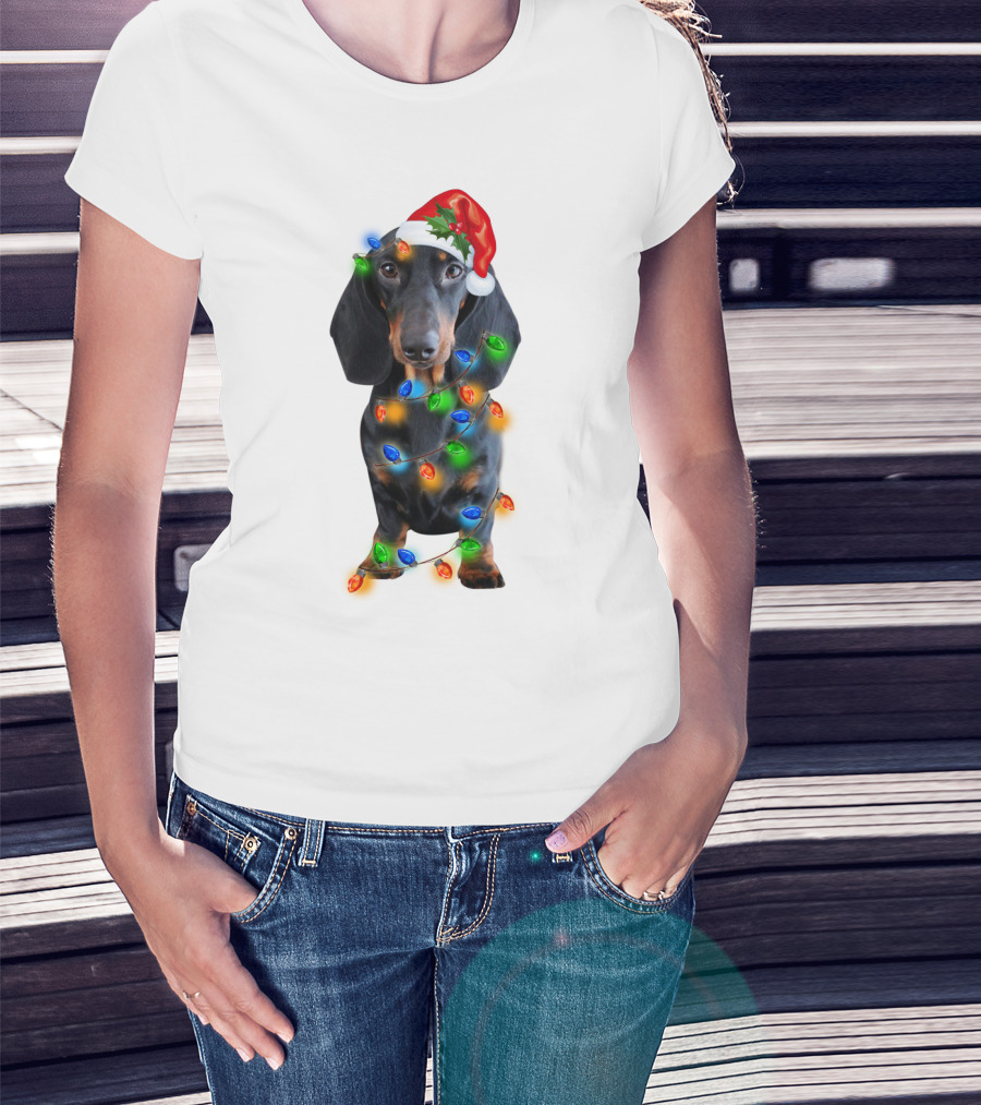 Black Dachshund Wearing Santa Hat And Wrapped In Christmas Lights T-Shirt