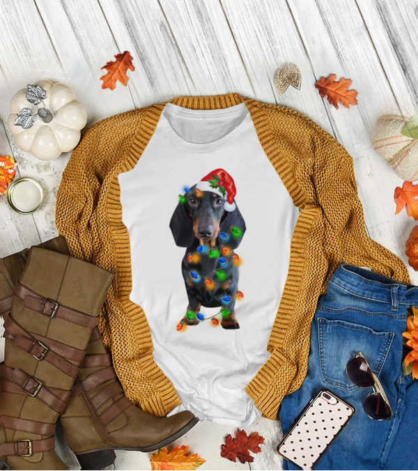 Black Dachshund Wearing Santa Hat And Wrapped In Christmas Lights T-Shirt