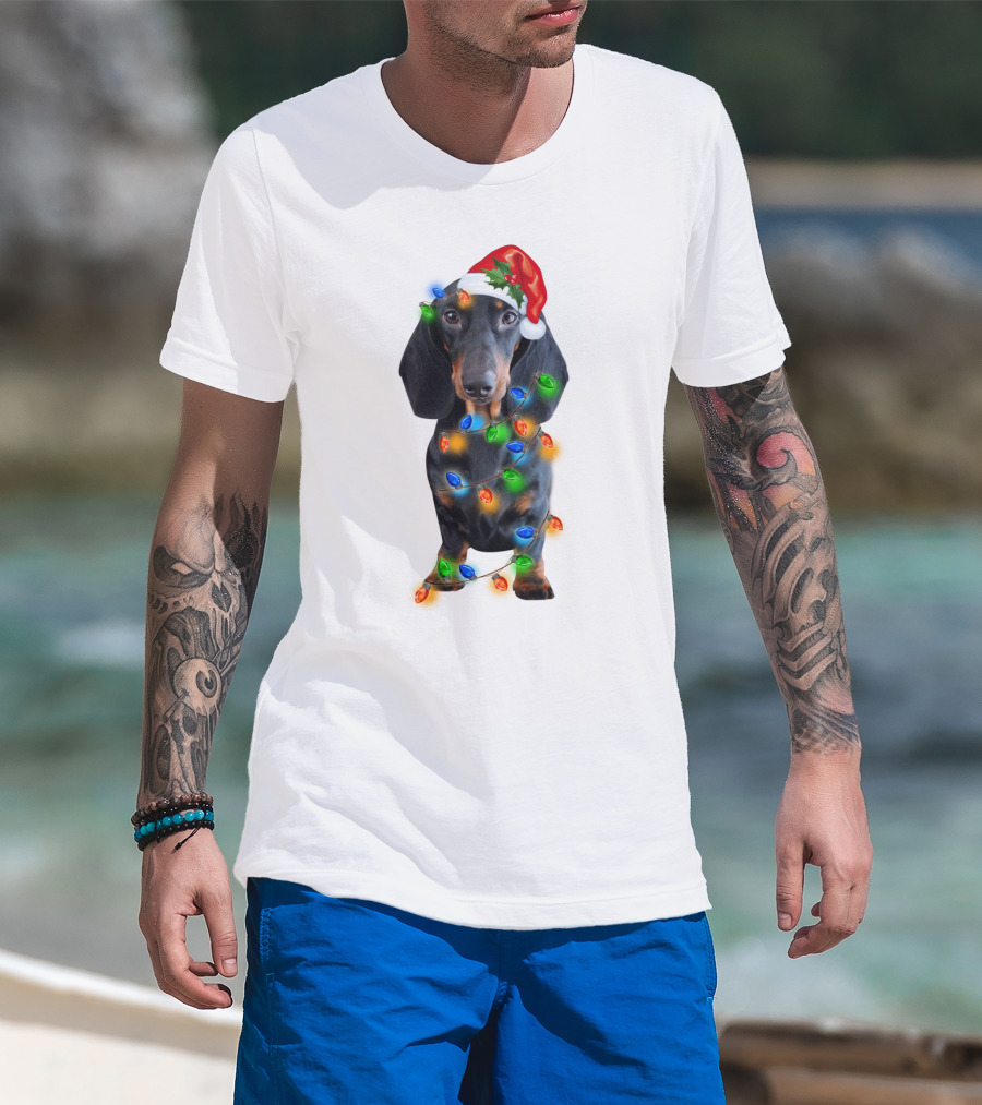 Black Dachshund Wearing Santa Hat And Wrapped In Christmas Lights T-Shirt