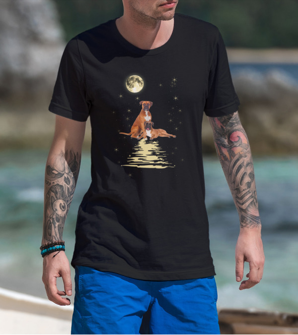 Boxer Dog Under Starry Sky Moonlit Reflection T-Shirt
