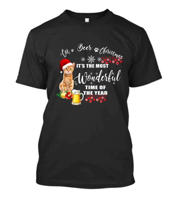 Cat Beer Christmas It's The Most Wonderful Time Of The Year Snowflakes Santa Hat T-Shirt